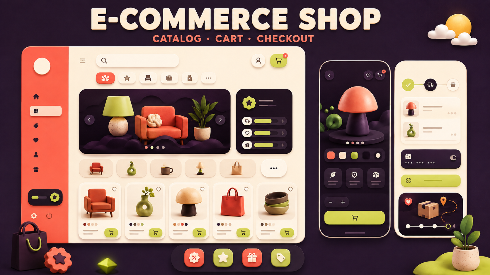 E-commerce Shop concept presentation with catalog, cart, checkout and order interfaces